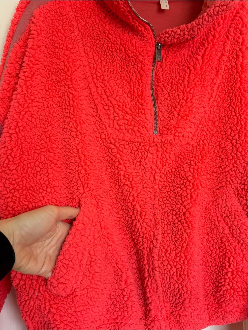 Free People Bright Coral Pink Sherpa Half-Zip Pullover